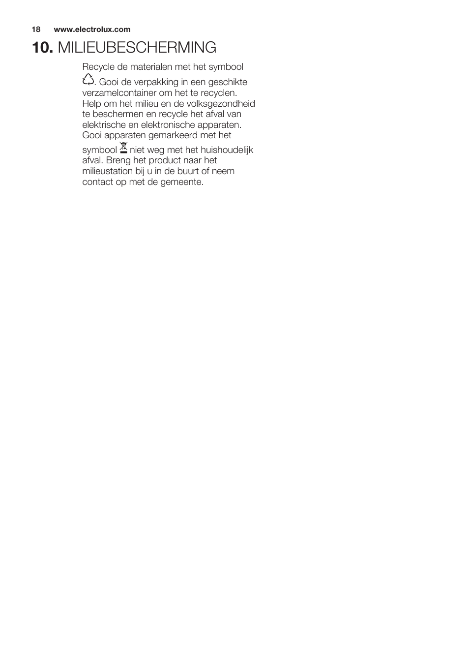Milieubescherming | Electrolux EHH6340XOK User Manual | Page 18 / 72