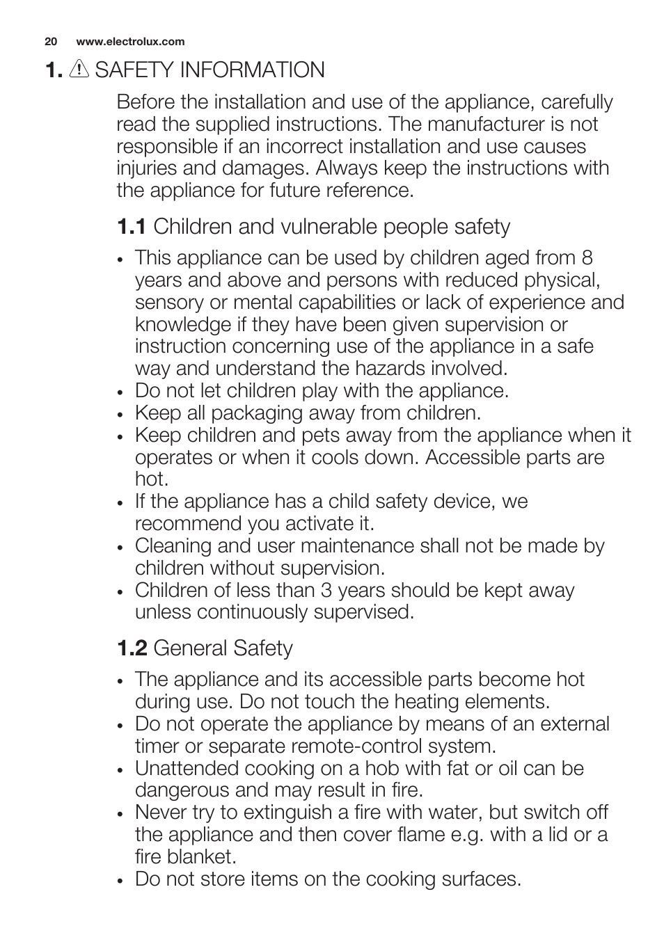 Safety information, 1 children and vulnerable people safety, 2 general safety | Electrolux EHH6340XOK User Manual | Page 20 / 72