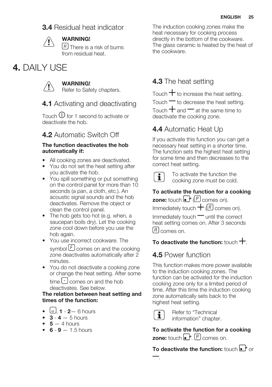 4 residual heat indicator, Daily use, 1 activating and deactivating | 2 automatic switch off, 3 the heat setting, 4 automatic heat up, 5 power function | Electrolux EHH6340XOK User Manual | Page 25 / 72