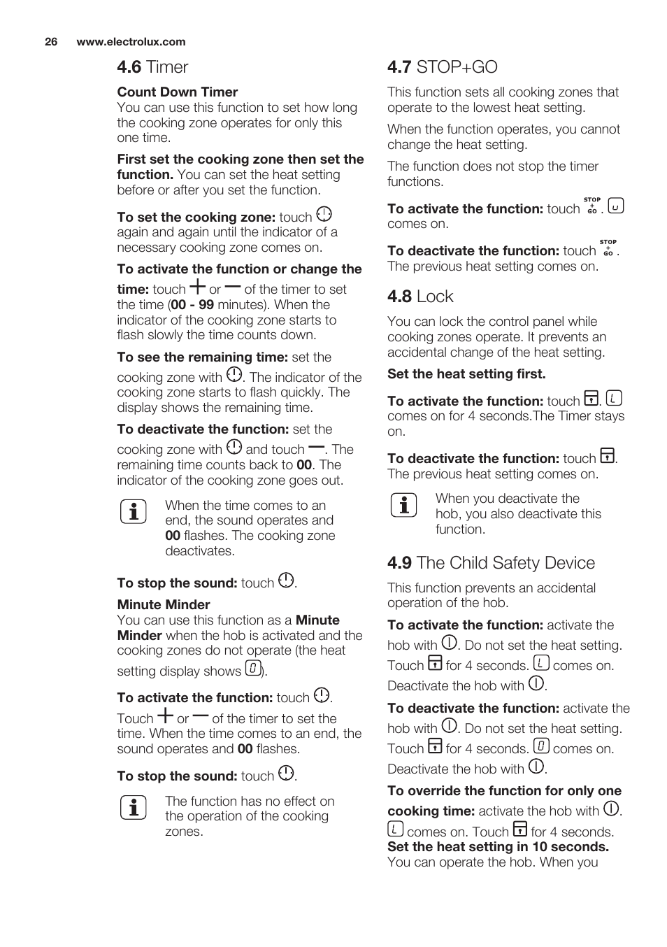 6 timer, 7 stop+go, 8 lock | 9 the child safety device | Electrolux EHH6340XOK User Manual | Page 26 / 72