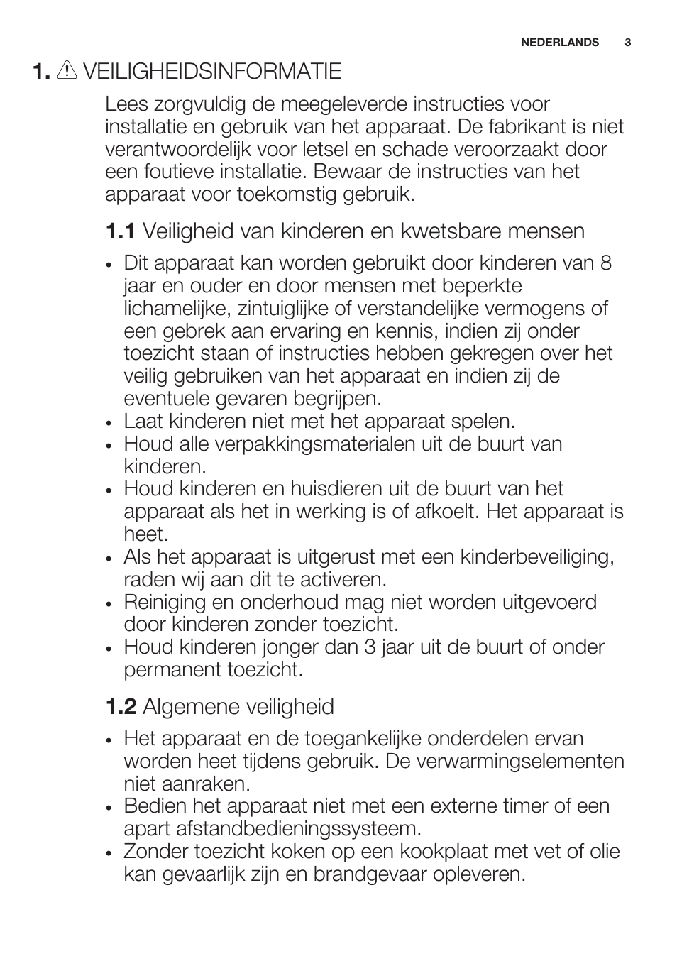 Veiligheidsinformatie, 1 veiligheid van kinderen en kwetsbare mensen, 2 algemene veiligheid | Electrolux EHH6340XOK User Manual | Page 3 / 72