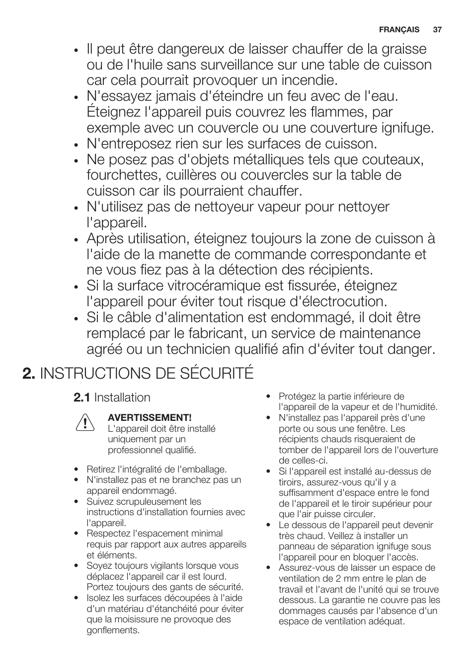 Instructions de sécurité, 1 installation, N'entreposez rien sur les surfaces de cuisson | Electrolux EHH6340XOK User Manual | Page 37 / 72