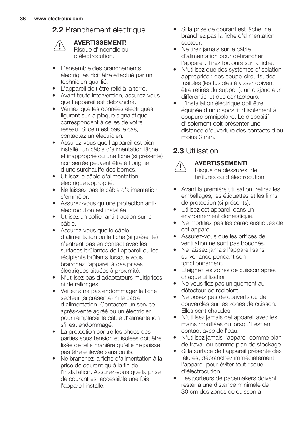 2 branchement électrique, 3 utilisation | Electrolux EHH6340XOK User Manual | Page 38 / 72