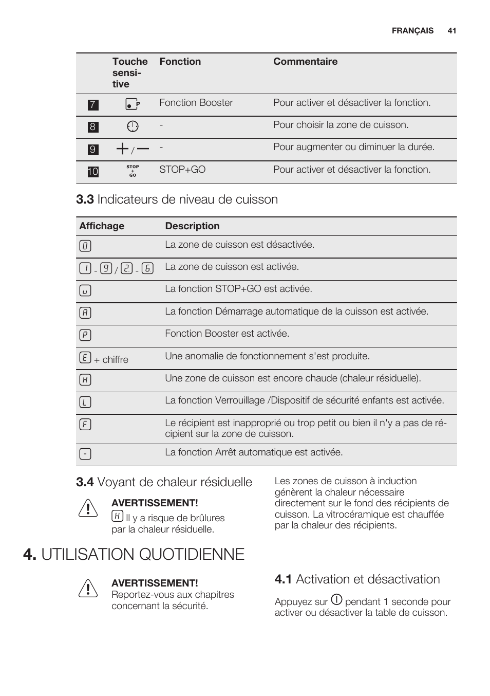 3 indicateurs de niveau de cuisson, 4 voyant de chaleur résiduelle, Utilisation quotidienne | 1 activation et désactivation | Electrolux EHH6340XOK User Manual | Page 41 / 72