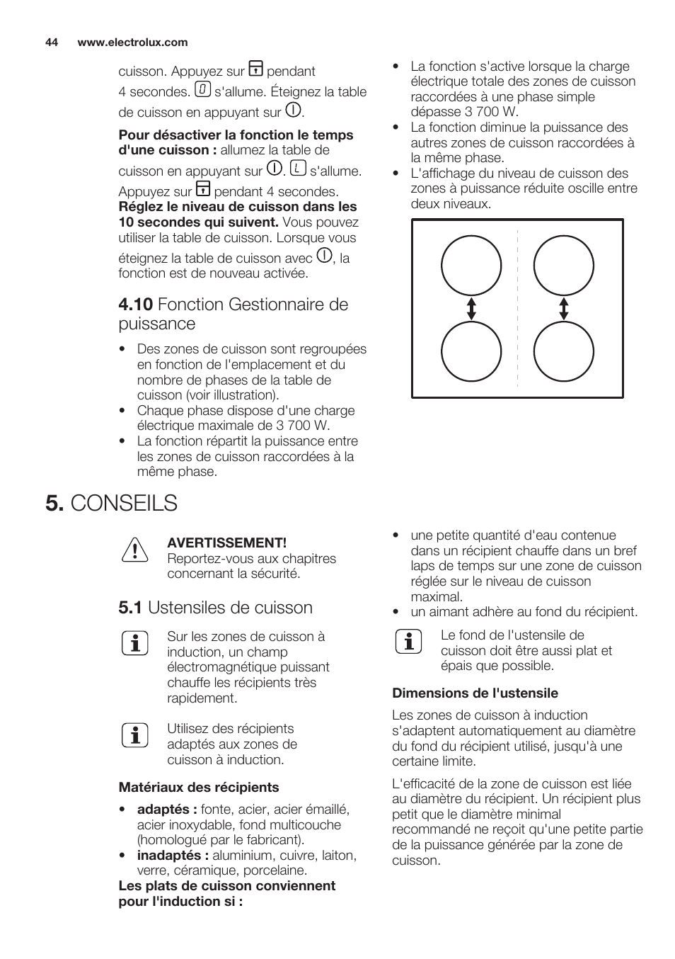 10 fonction gestionnaire de puissance, Conseils, 1 ustensiles de cuisson | Electrolux EHH6340XOK User Manual | Page 44 / 72