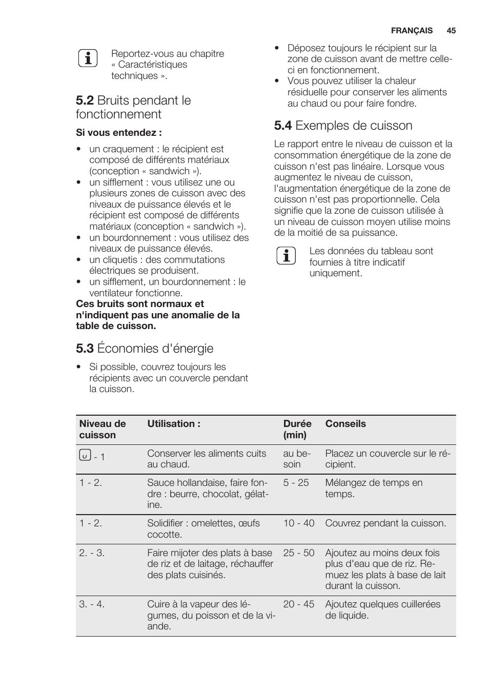 2 bruits pendant le fonctionnement, 3 économies d'énergie, 4 exemples de cuisson | Electrolux EHH6340XOK User Manual | Page 45 / 72
