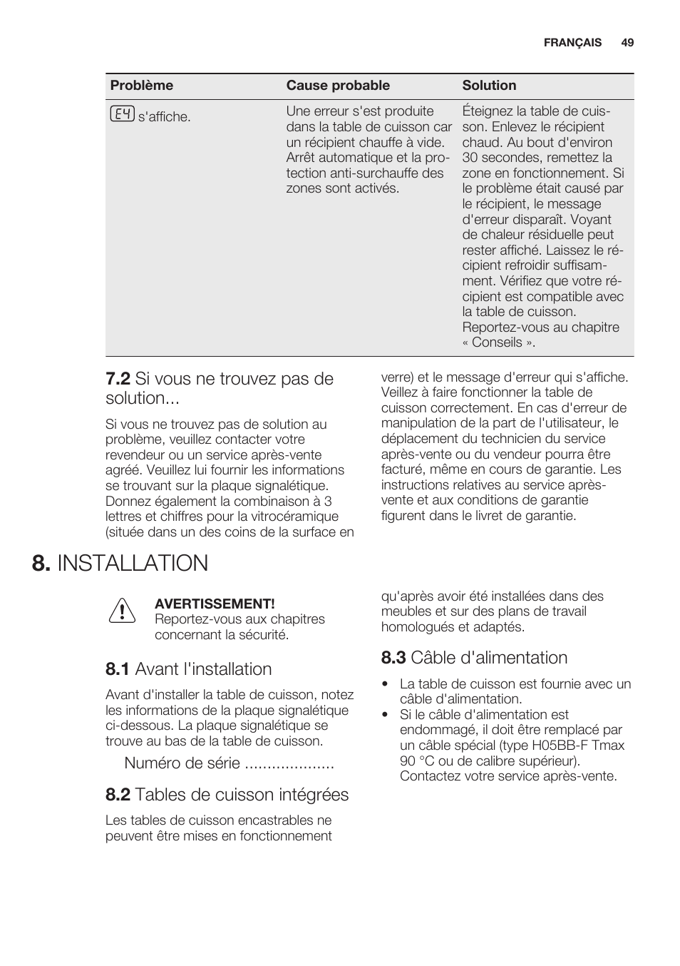 2 si vous ne trouvez pas de solution, Installation, 1 avant l'installation | 2 tables de cuisson intégrées, 3 câble d'alimentation | Electrolux EHH6340XOK User Manual | Page 49 / 72