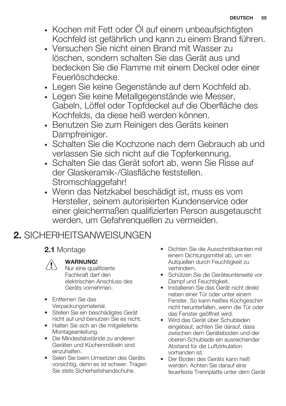 Sicherheitsanweisungen, 1 montage, Legen sie keine gegenstände auf dem kochfeld ab | Electrolux EHH6340XOK User Manual | Page 55 / 72