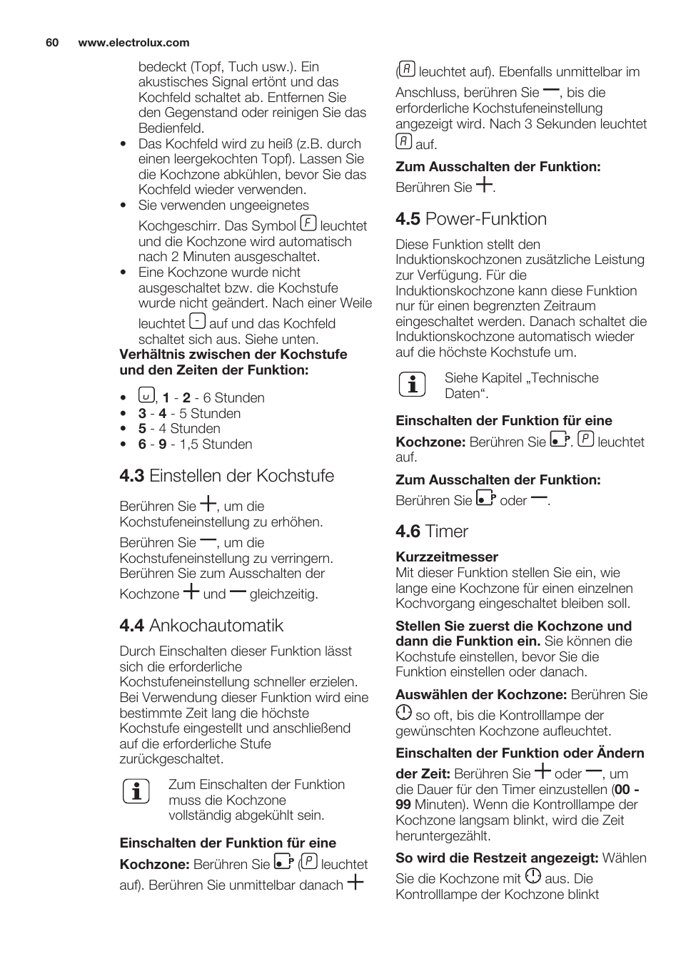 3 einstellen der kochstufe, 4 ankochautomatik, 5 power-funktion | 6 timer | Electrolux EHH6340XOK User Manual | Page 60 / 72