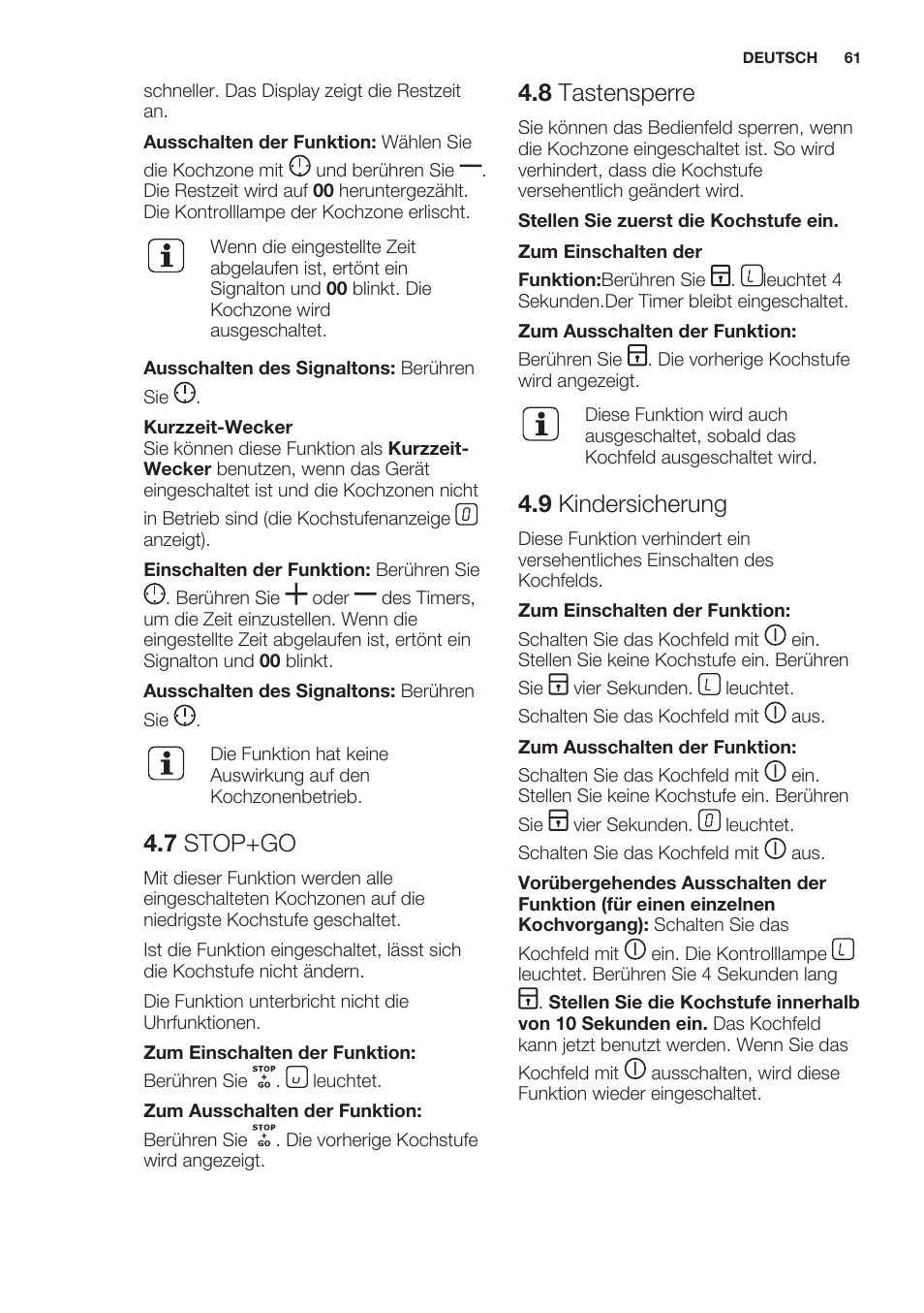 7 stop+go, 8 tastensperre, 9 kindersicherung | Electrolux EHH6340XOK User Manual | Page 61 / 72