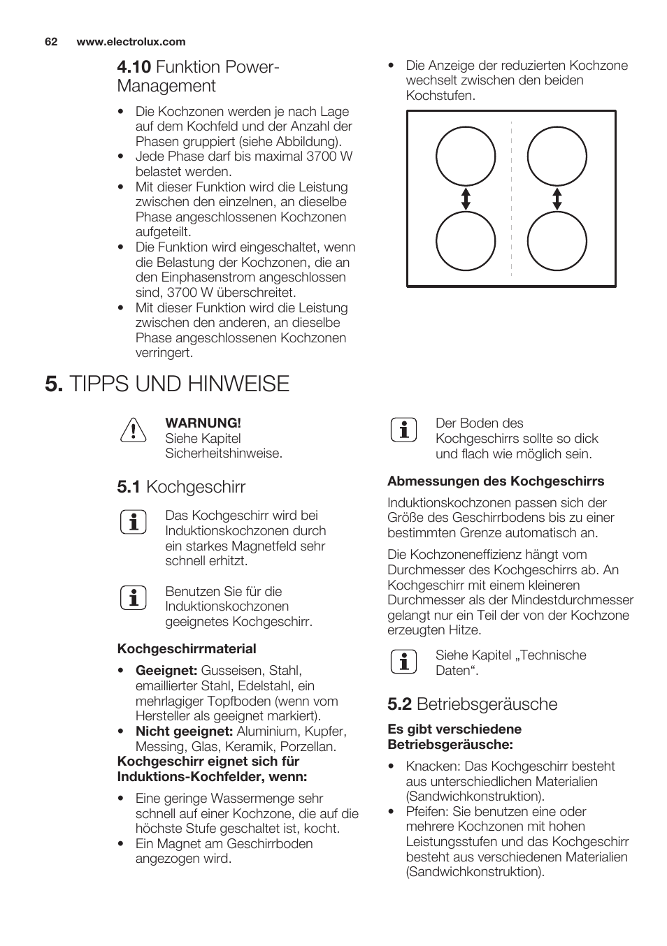 10 funktion power-management, Tipps und hinweise, 1 kochgeschirr | 2 betriebsgeräusche, 10 funktion power- management | Electrolux EHH6340XOK User Manual | Page 62 / 72