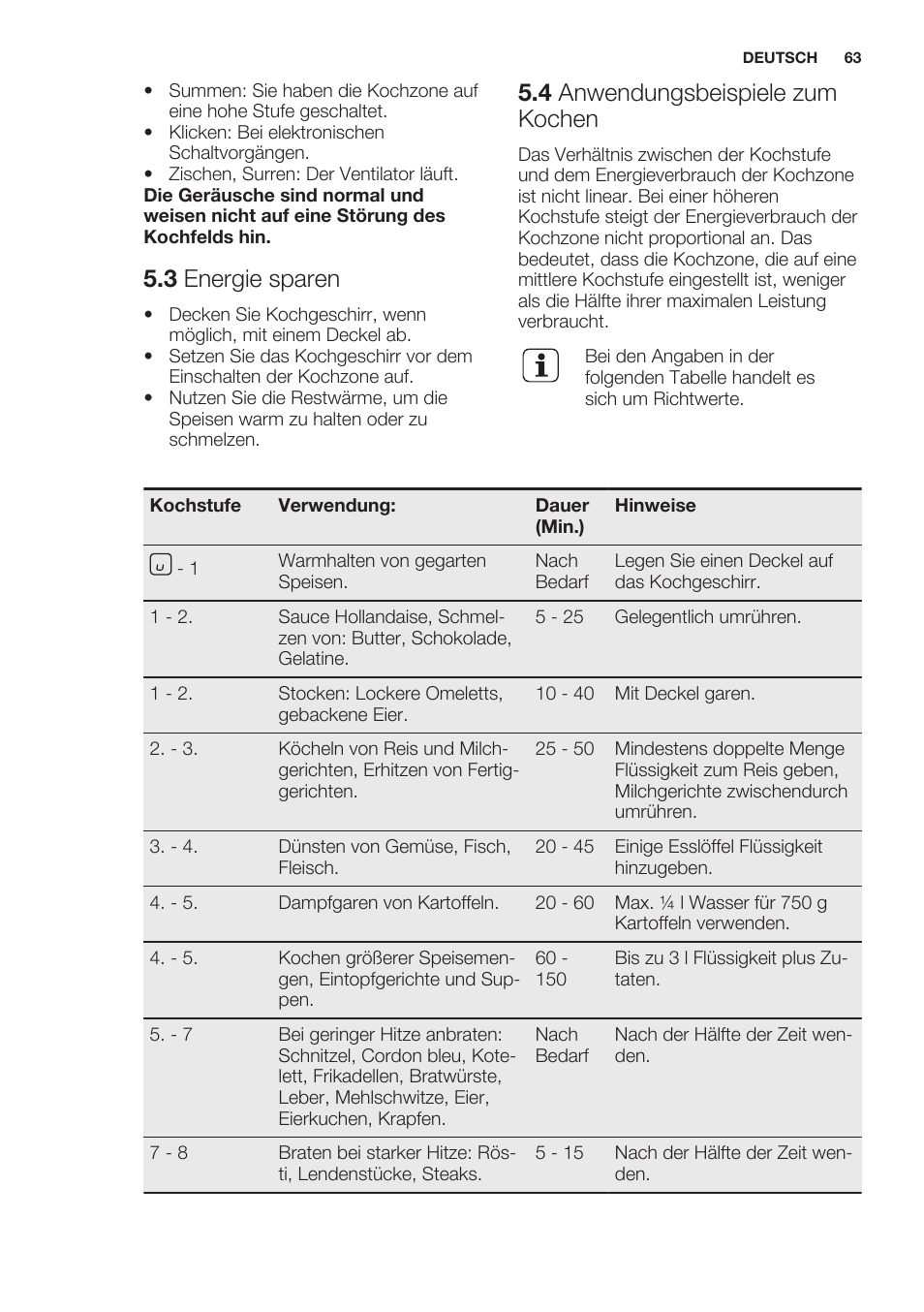 3 energie sparen, 4 anwendungsbeispiele zum kochen | Electrolux EHH6340XOK User Manual | Page 63 / 72