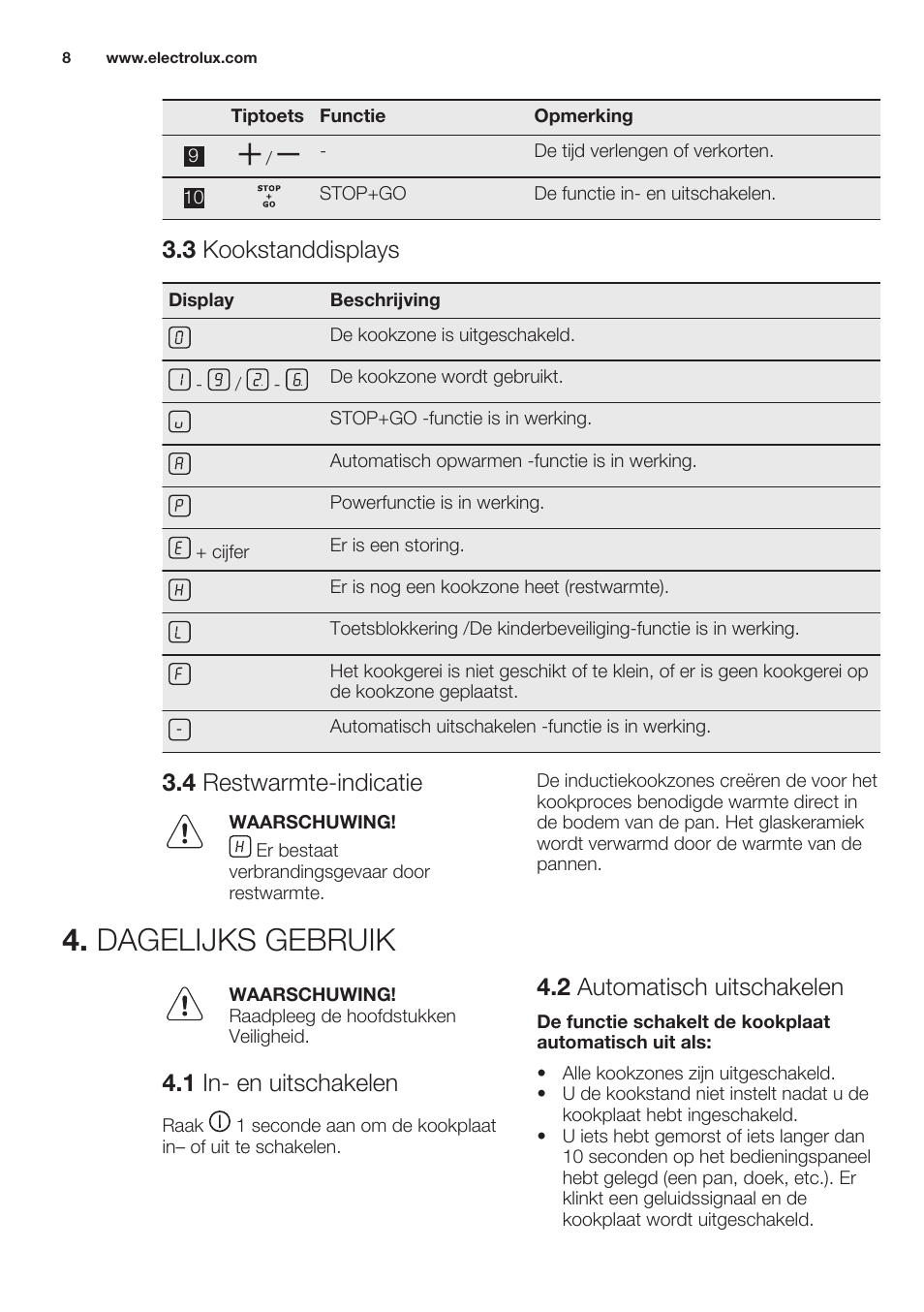 3 kookstanddisplays, 4 restwarmte-indicatie, Dagelijks gebruik | 1 in- en uitschakelen, 2 automatisch uitschakelen | Electrolux EHH6340XOK User Manual | Page 8 / 72