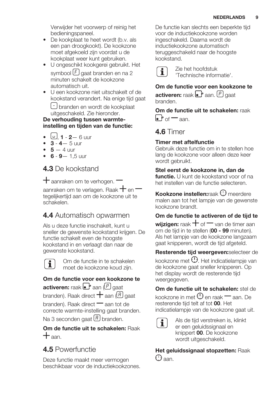 3 de kookstand, 4 automatisch opwarmen, 5 powerfunctie | 6 timer | Electrolux EHH6340XOK User Manual | Page 9 / 72