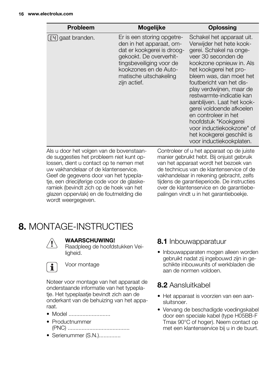Montage-instructies, 1 inbouwapparatuur, 2 aansluitkabel | Electrolux EHL7640FOK User Manual | Page 16 / 72