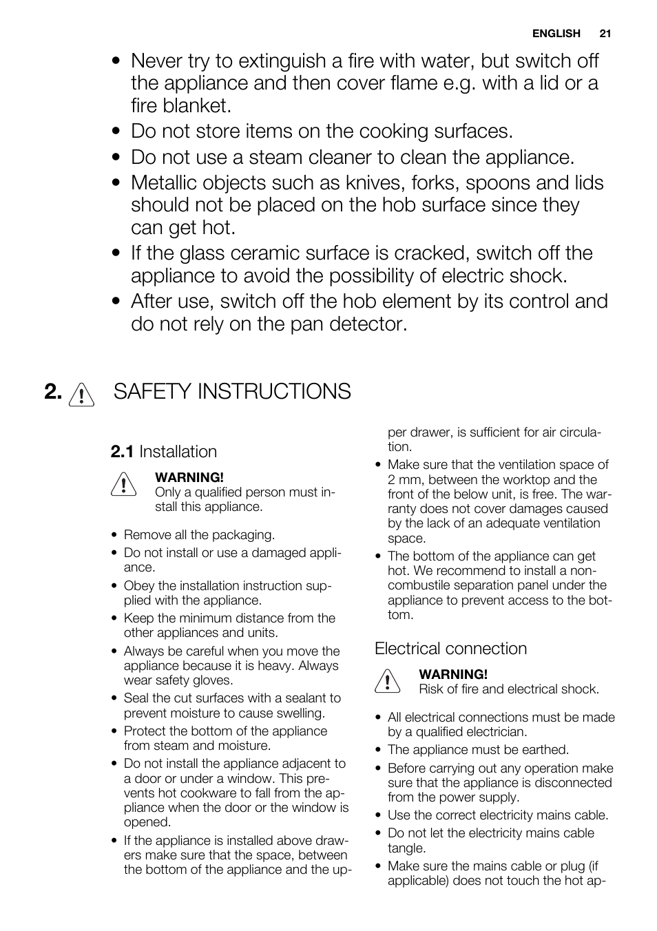 Safety instructions | Electrolux EHL7640FOK User Manual | Page 21 / 72