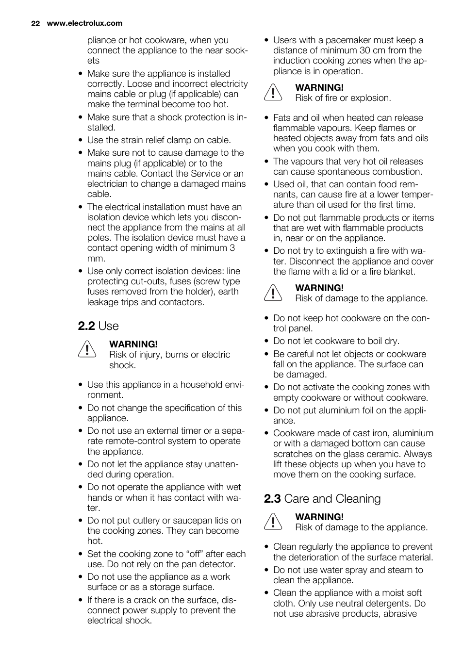2 use, 3 care and cleaning | Electrolux EHL7640FOK User Manual | Page 22 / 72