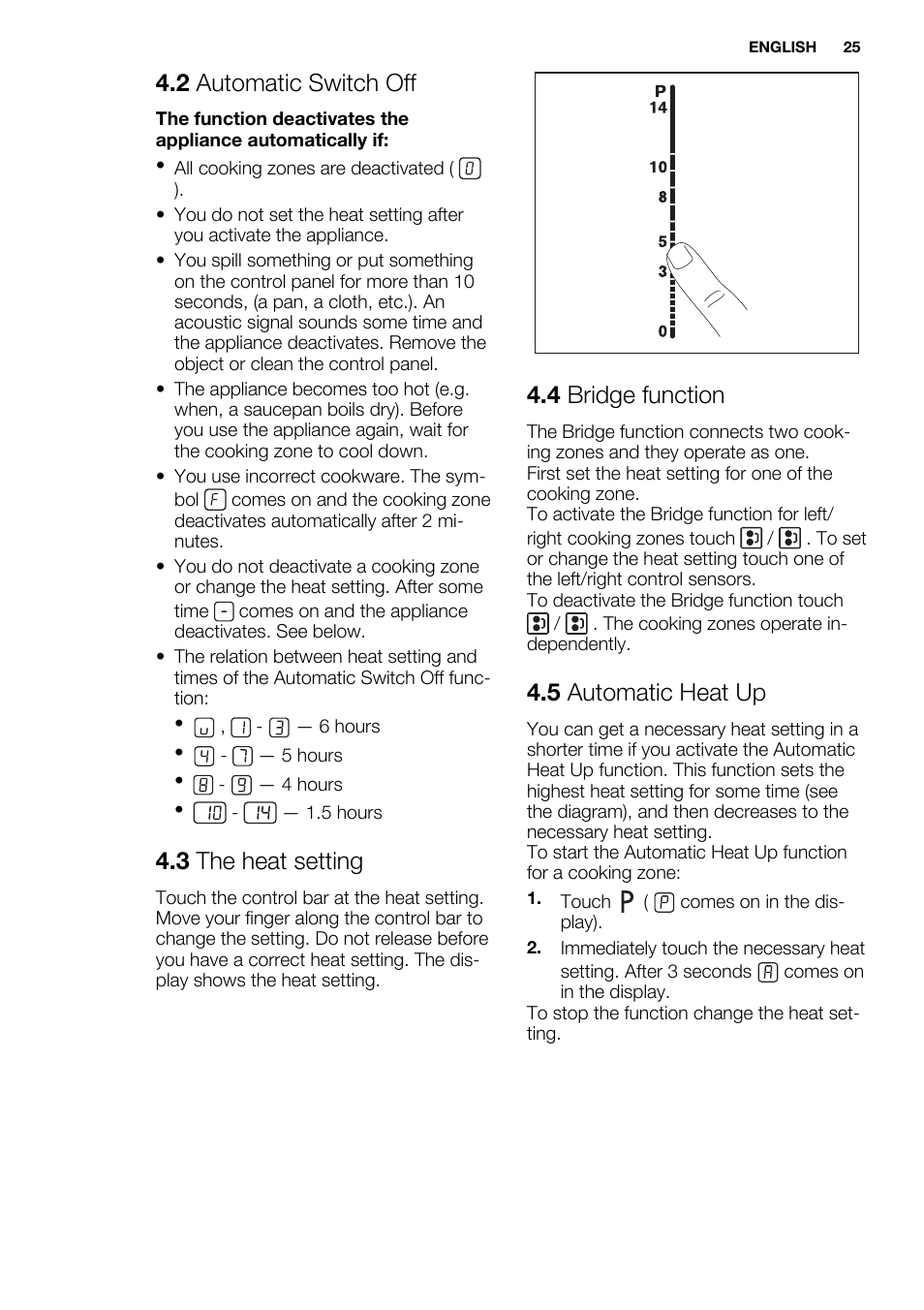 2 automatic switch off, 3 the heat setting, 4 bridge function | 5 automatic heat up | Electrolux EHL7640FOK User Manual | Page 25 / 72