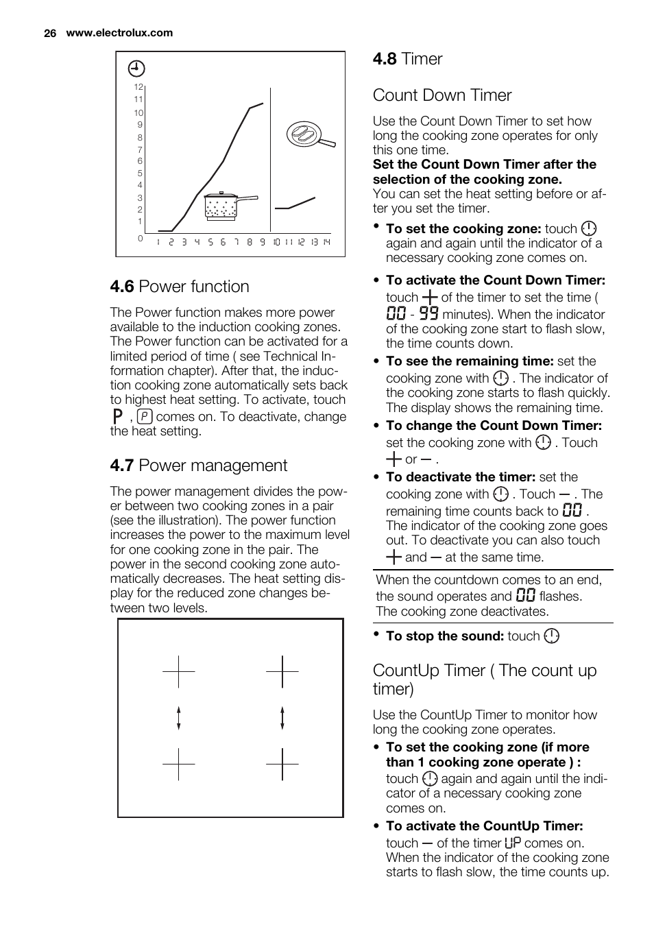6 power function, 7 power management, 8 timer count down timer | Countup timer ( the count up timer) | Electrolux EHL7640FOK User Manual | Page 26 / 72
