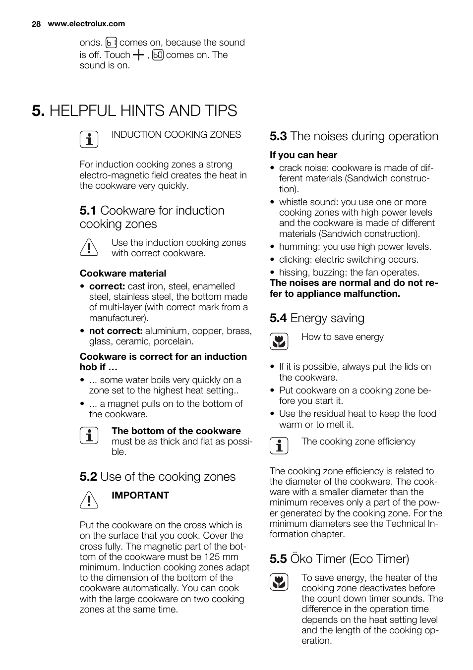 Helpful hints and tips, 1 cookware for induction cooking zones, 2 use of the cooking zones | 3 the noises during operation, 4 energy saving, 5 öko timer (eco timer) | Electrolux EHL7640FOK User Manual | Page 28 / 72