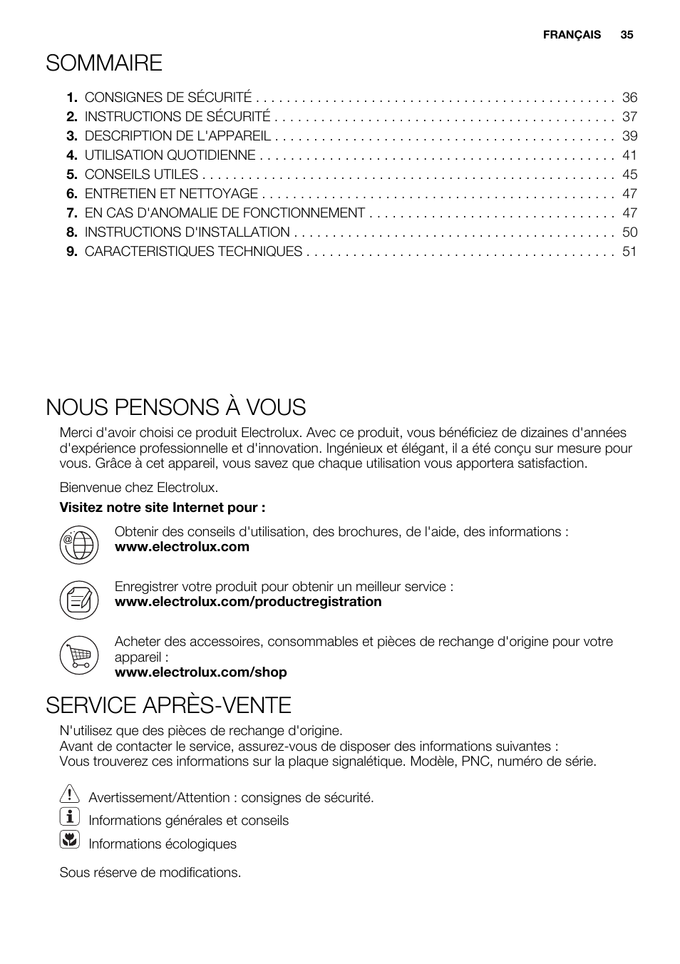 Sommaire, Nous pensons à vous, Service après-vente | Electrolux EHL7640FOK User Manual | Page 35 / 72
