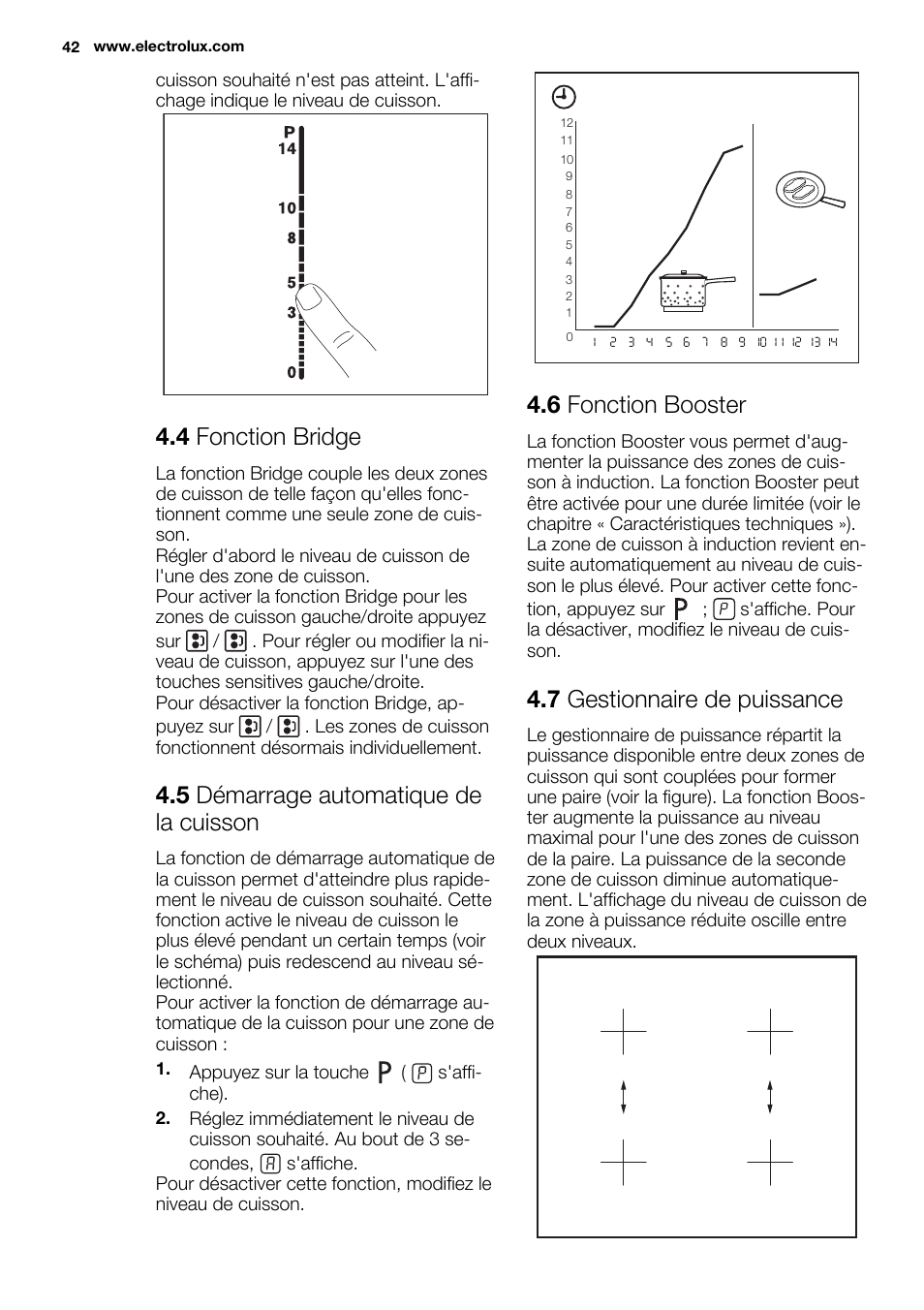 4 fonction bridge, 5 démarrage automatique de la cuisson, 6 fonction booster | 7 gestionnaire de puissance | Electrolux EHL7640FOK User Manual | Page 42 / 72