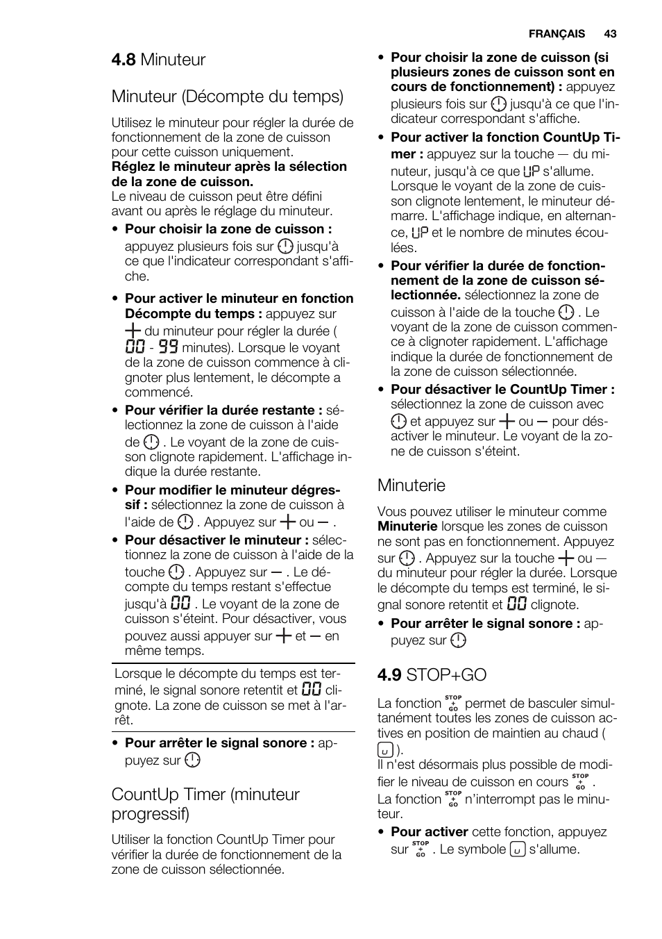 8 minuteur minuteur (décompte du temps), Countup timer (minuteur progressif), Minuterie | 9 stop+go | Electrolux EHL7640FOK User Manual | Page 43 / 72