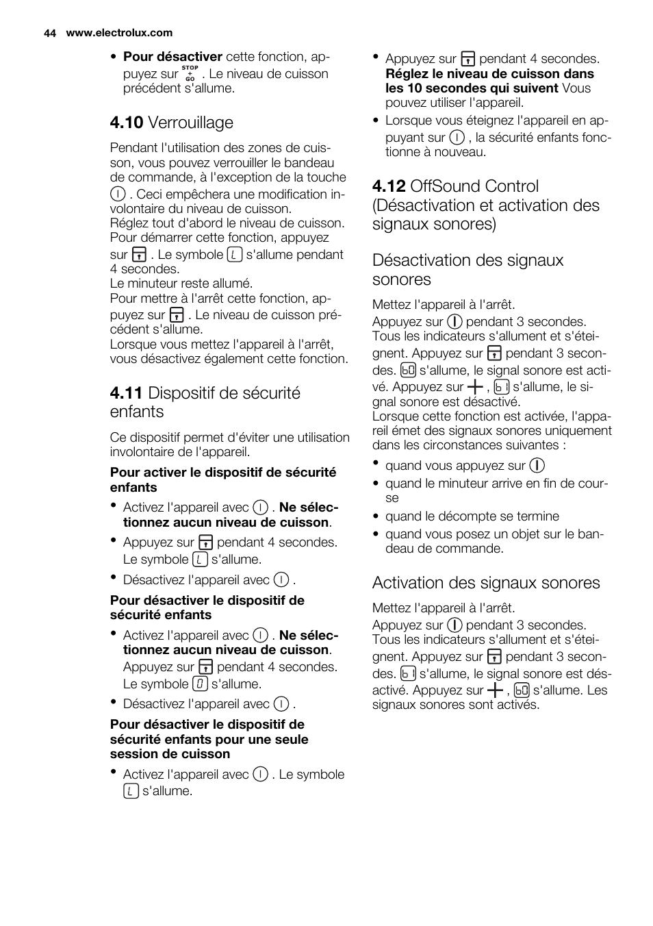 10 verrouillage, 11 dispositif de sécurité enfants, Activation des signaux sonores | Electrolux EHL7640FOK User Manual | Page 44 / 72