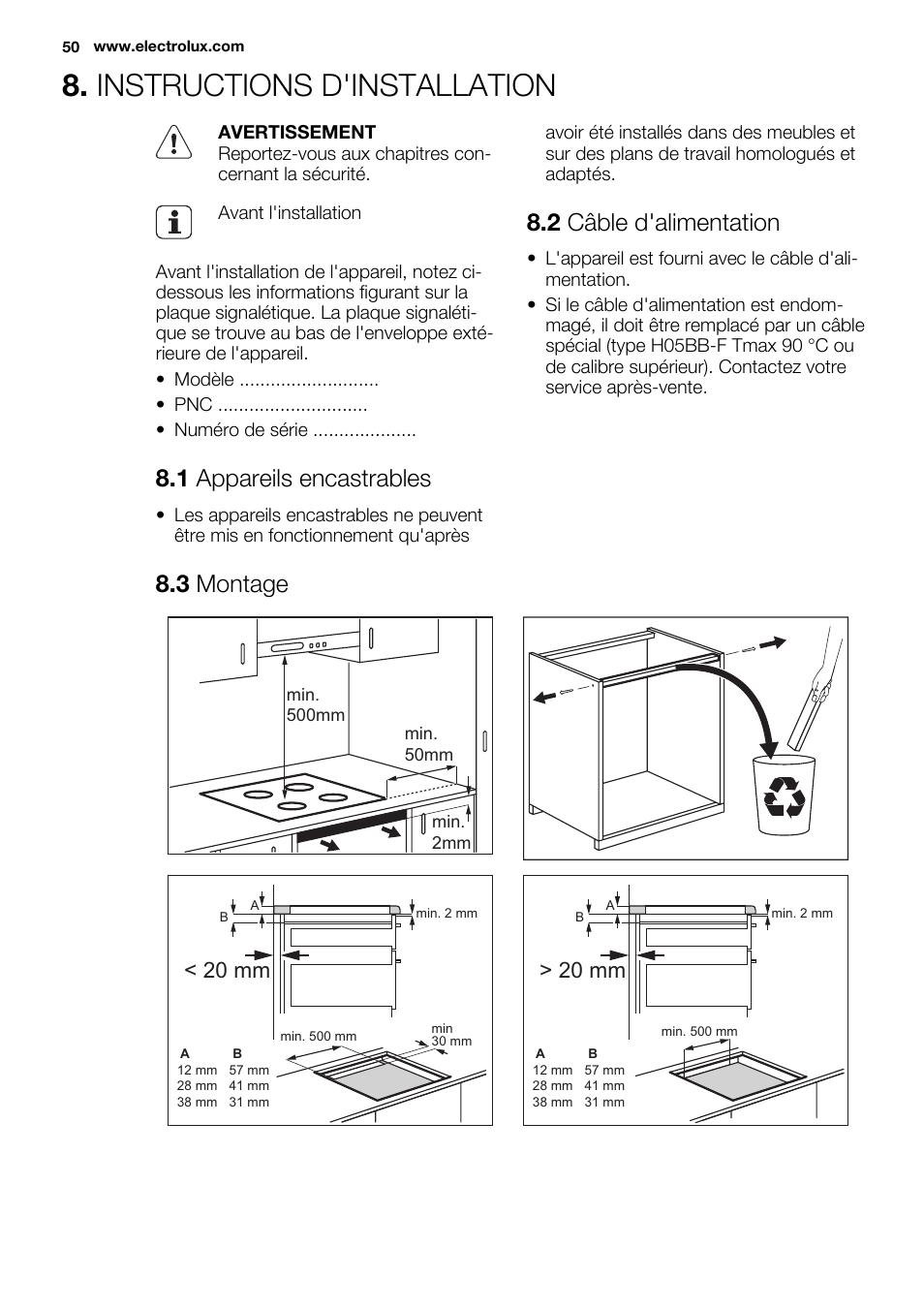 Instructions d'installation, 1 appareils encastrables, 2 câble d'alimentation | 3 montage, 20 mm | Electrolux EHL7640FOK User Manual | Page 50 / 72
