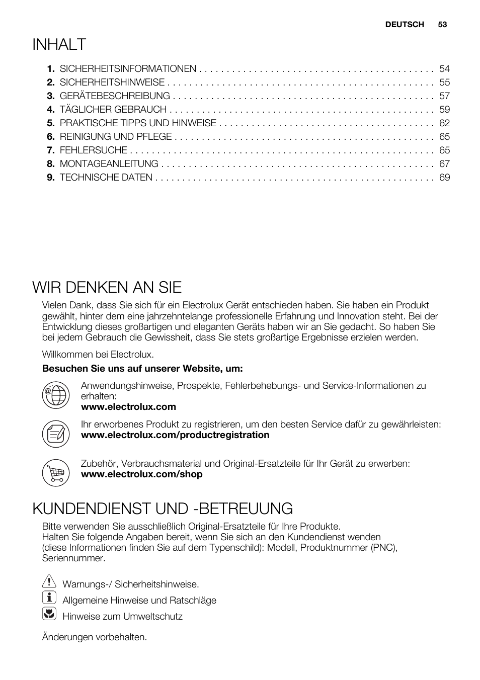 Inhalt, Wir denken an sie, Kundendienst und -betreuung | Electrolux EHL7640FOK User Manual | Page 53 / 72