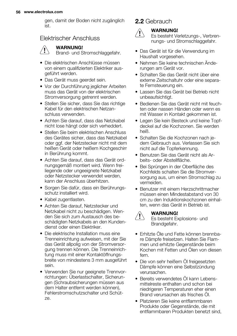 Elektrischer anschluss, 2 gebrauch | Electrolux EHL7640FOK User Manual | Page 56 / 72