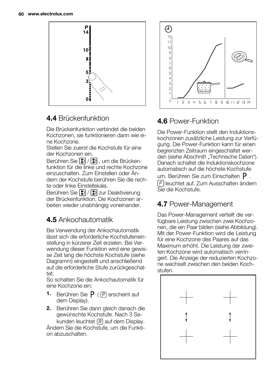 4 brückenfunktion, 5 ankochautomatik, 6 power-funktion | 7 power-management | Electrolux EHL7640FOK User Manual | Page 60 / 72
