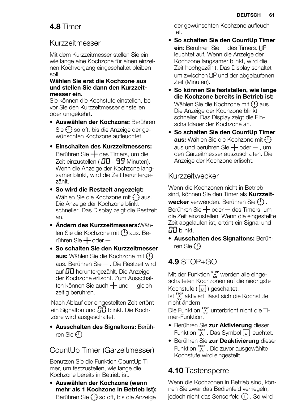 8 timer kurzzeitmesser, Countup timer (garzeitmesser), Kurzzeitwecker | 9 stop+go, 10 tastensperre | Electrolux EHL7640FOK User Manual | Page 61 / 72