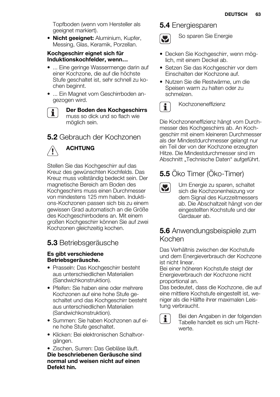 2 gebrauch der kochzonen, 3 betriebsgeräusche, 4 energiesparen | 5 öko timer (öko-timer), 6 anwendungsbeispiele zum kochen | Electrolux EHL7640FOK User Manual | Page 63 / 72
