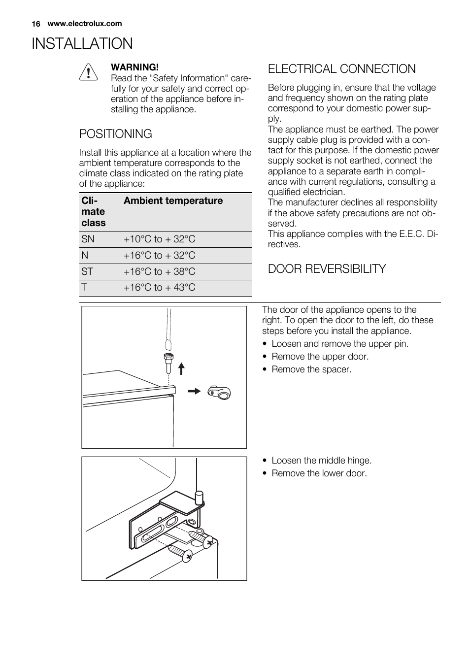 Installation | Electrolux ENN2914AOW User Manual | Page 16 / 80