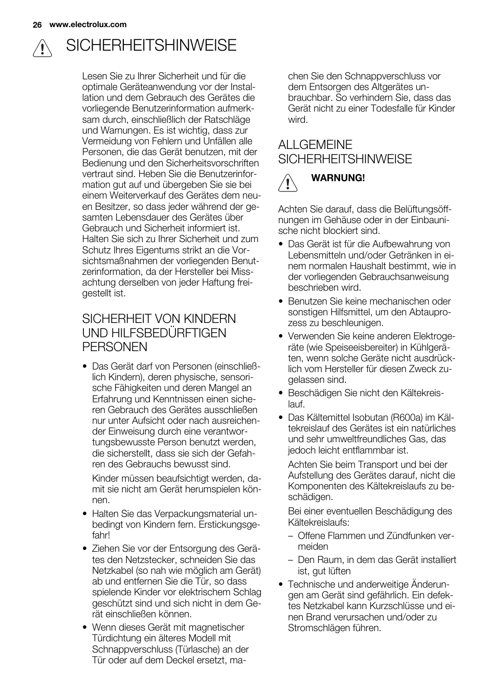 Sicherheitshinweise, Allgemeine sicherheitshinweise | Electrolux ENN2914AOW User Manual | Page 26 / 80