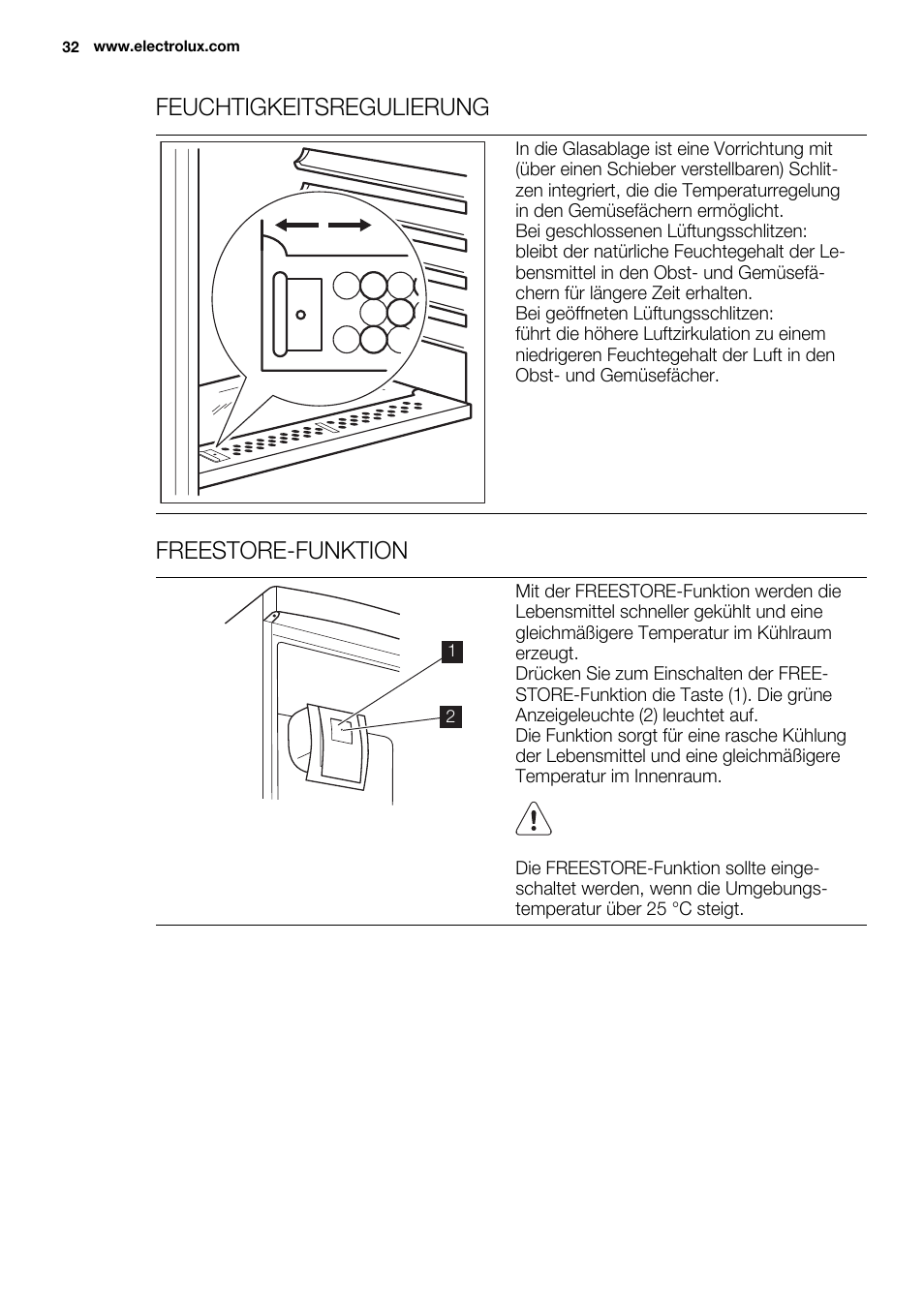 Feuchtigkeitsregulierung, Freestore-funktion | Electrolux ENN2914AOW User Manual | Page 32 / 80