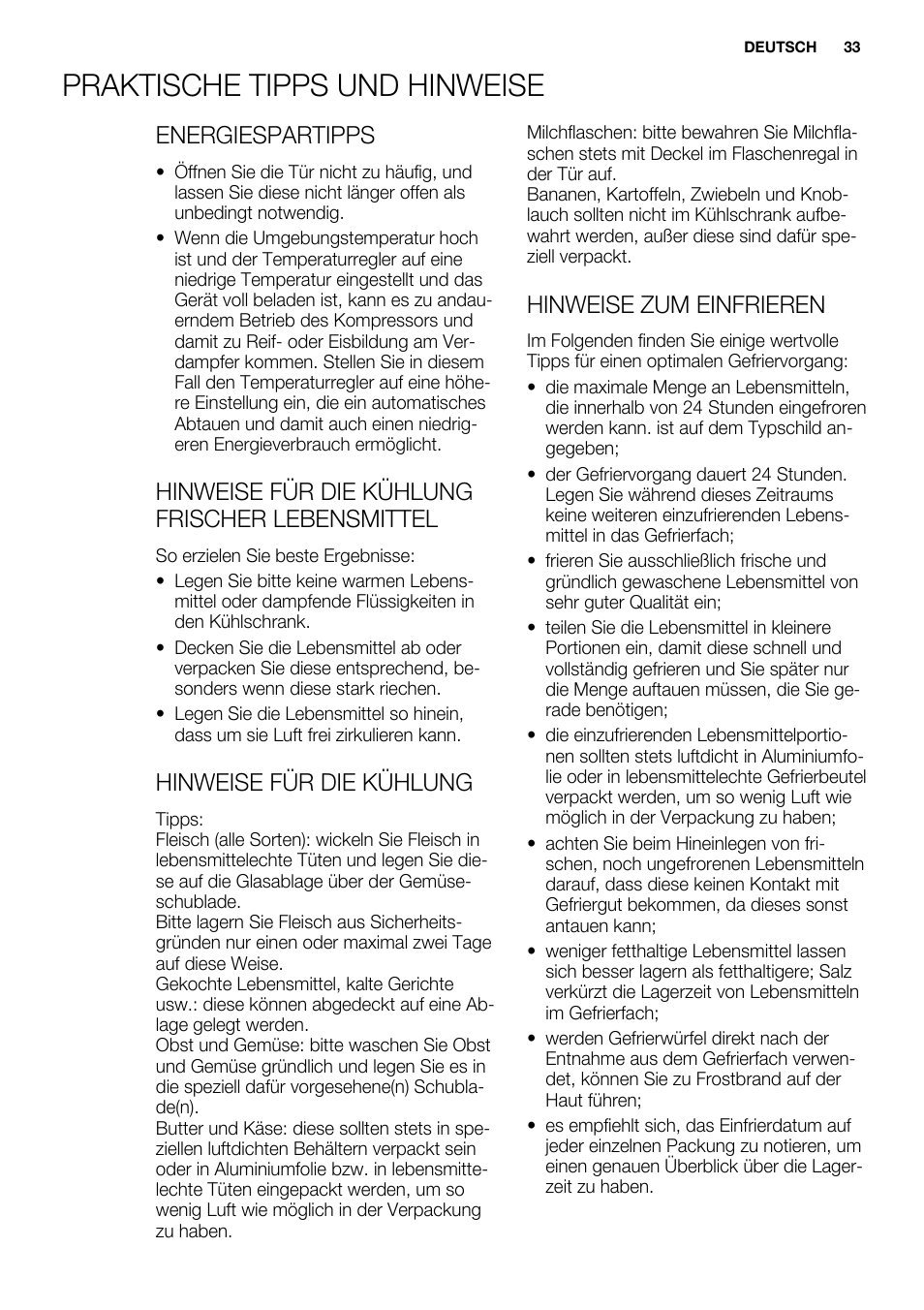 Praktische tipps und hinweise, Energiespartipps, Hinweise für die kühlung frischer lebensmittel | Hinweise für die kühlung, Hinweise zum einfrieren | Electrolux ENN2914AOW User Manual | Page 33 / 80