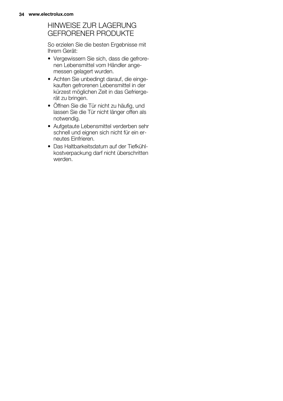 Hinweise zur lagerung gefrorener produkte | Electrolux ENN2914AOW User Manual | Page 34 / 80