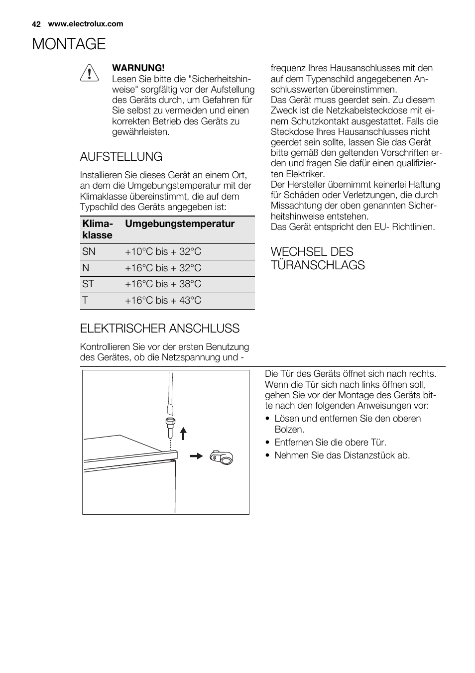Montage, Aufstellung, Elektrischer anschluss | Wechsel des türanschlags | Electrolux ENN2914AOW User Manual | Page 42 / 80