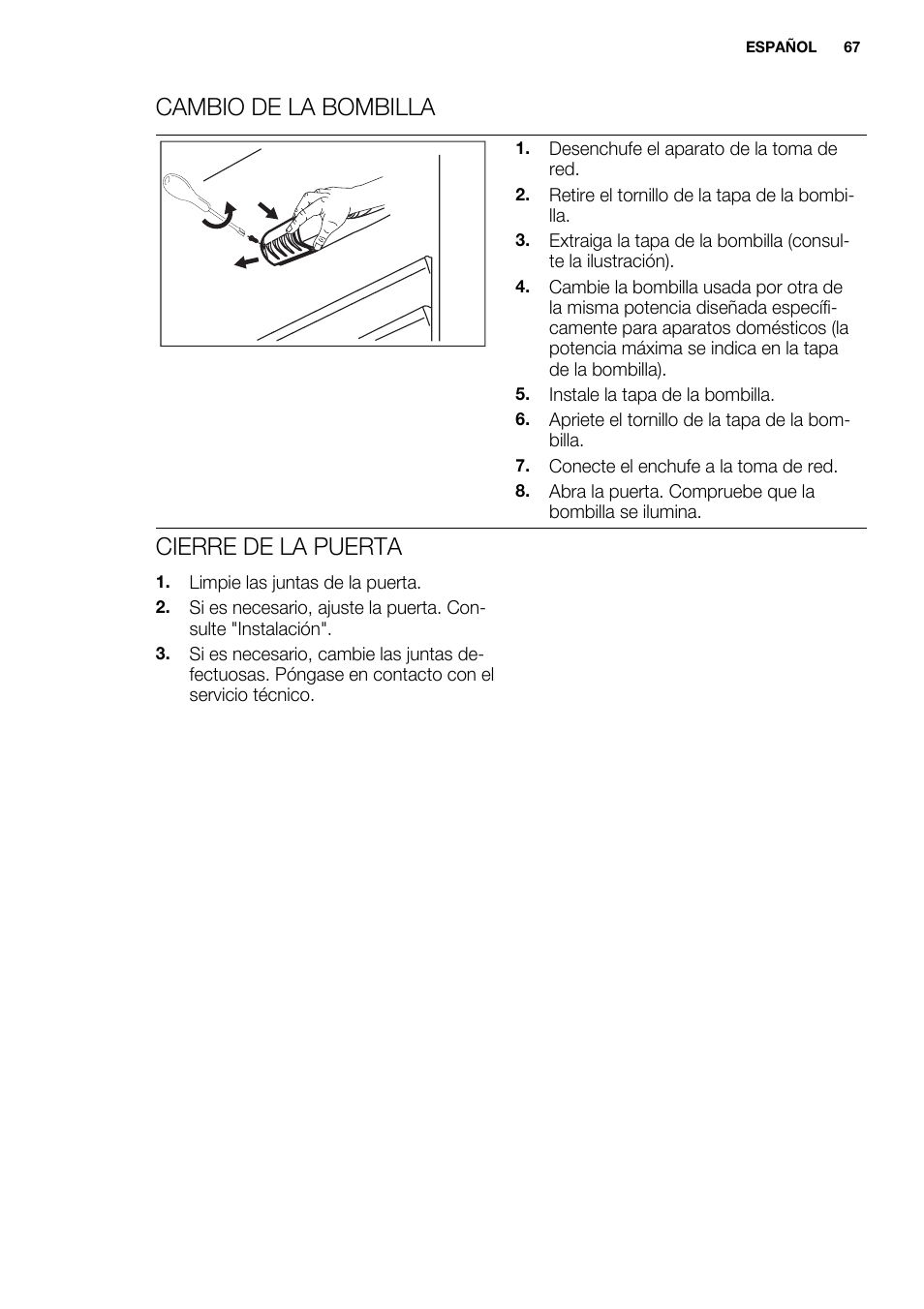 Cambio de la bombilla, Cierre de la puerta | Electrolux ENN2914AOW User Manual | Page 67 / 80