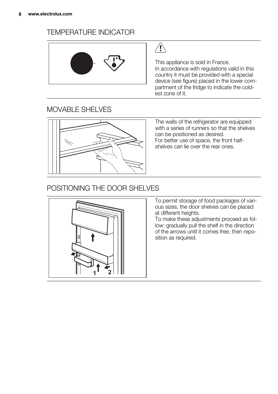 Temperature indicator, Movable shelves, Positioning the door shelves | Electrolux ENN2914AOW User Manual | Page 8 / 80