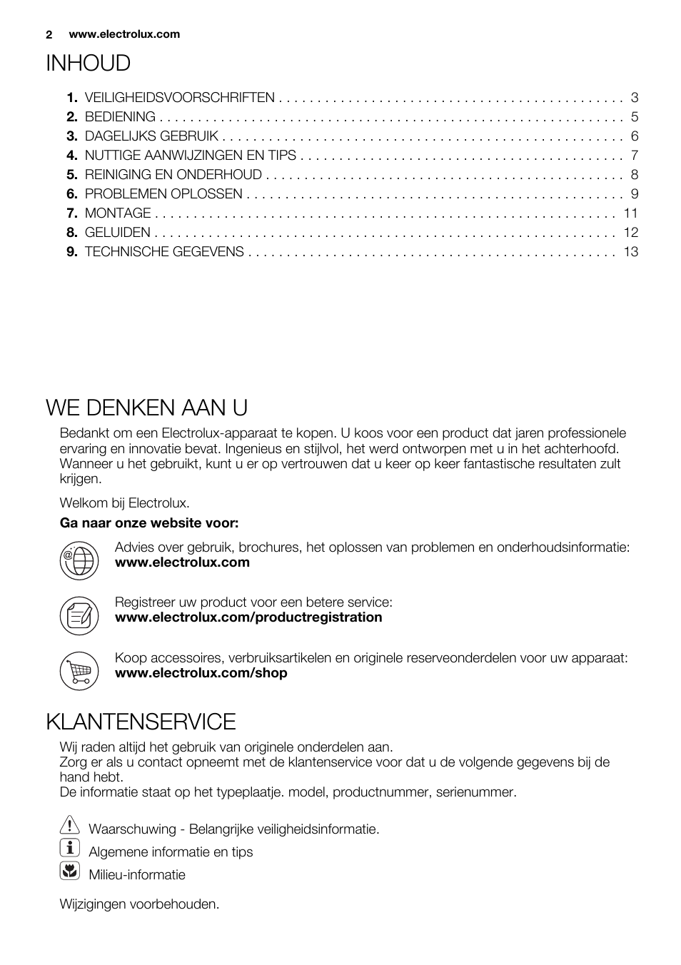 Inhoud, We denken aan u, Klantenservice | Electrolux ERN2314AOW User Manual | Page 2 / 56