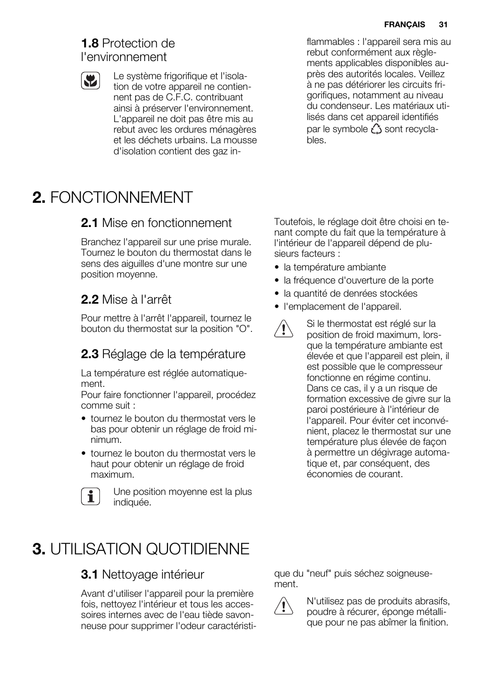 Fonctionnement, Utilisation quotidienne | Electrolux ERN2314AOW User Manual | Page 31 / 56