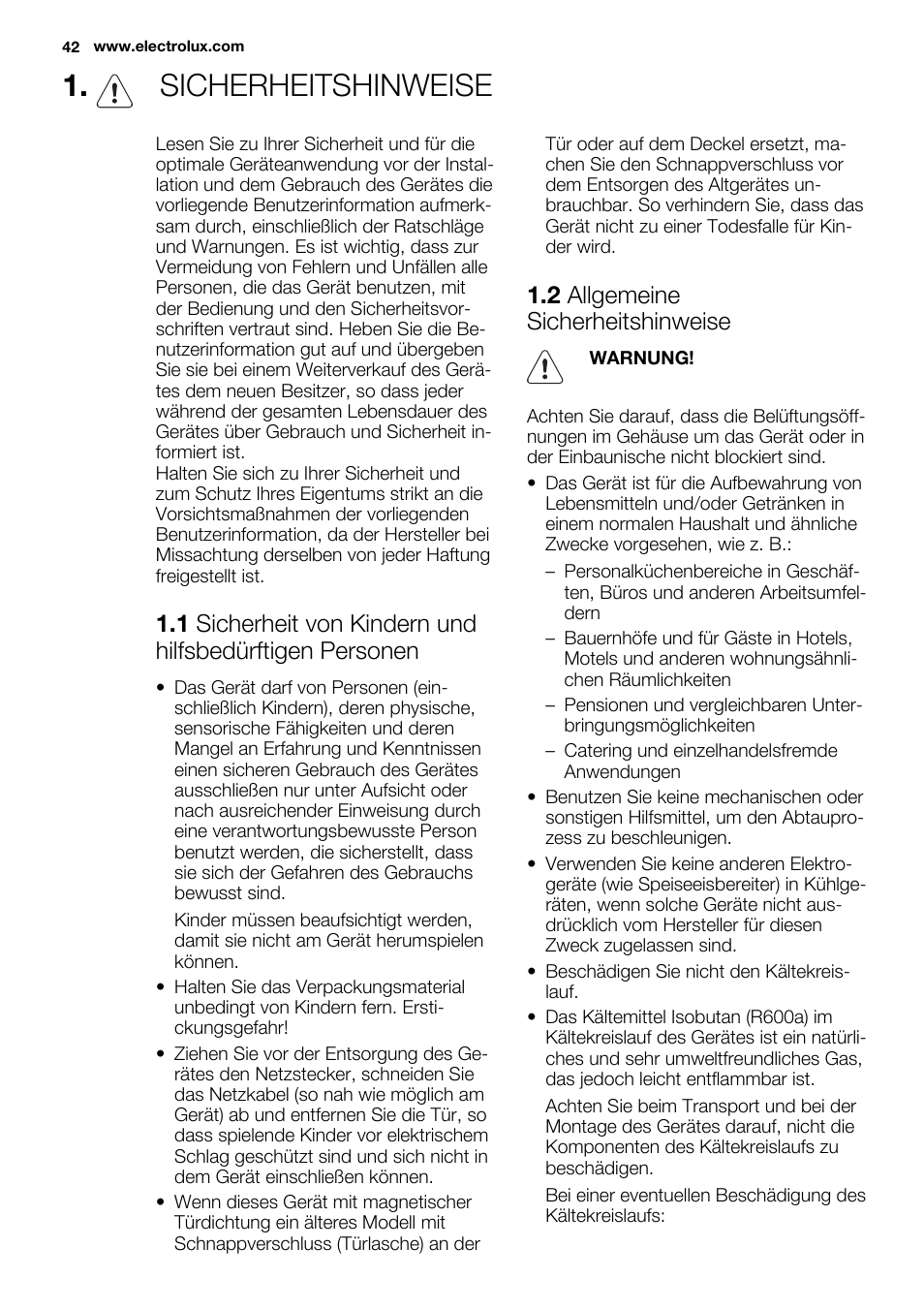 Sicherheitshinweise, 2 allgemeine sicherheitshinweise | Electrolux ERN2314AOW User Manual | Page 42 / 56
