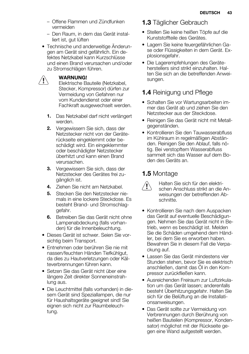 3 täglicher gebrauch, 4 reinigung und pflege, 5 montage | Electrolux ERN2314AOW User Manual | Page 43 / 56