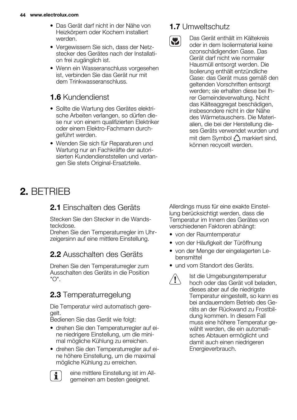 Betrieb, 6 kundendienst, 7 umweltschutz | 1 einschalten des geräts, 2 ausschalten des geräts, 3 temperaturregelung | Electrolux ERN2314AOW User Manual | Page 44 / 56