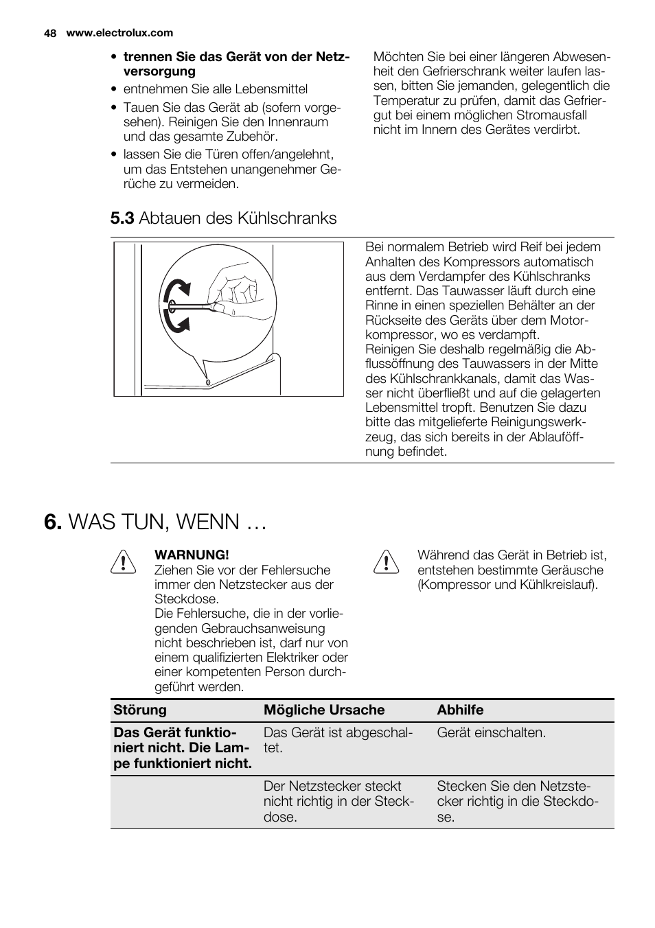 Was tun, wenn, 3 abtauen des kühlschranks | Electrolux ERN2314AOW User Manual | Page 48 / 56