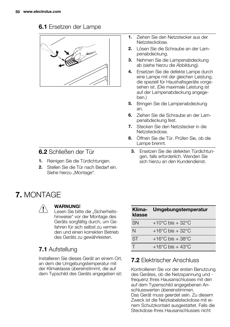 Montage, 1 ersetzen der lampe, 2 schließen der tür | 1 aufstellung, 2 elektrischer anschluss | Electrolux ERN2314AOW User Manual | Page 50 / 56