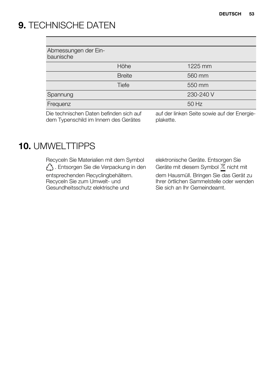 Technische daten, Umwelttipps | Electrolux ERN2314AOW User Manual | Page 53 / 56